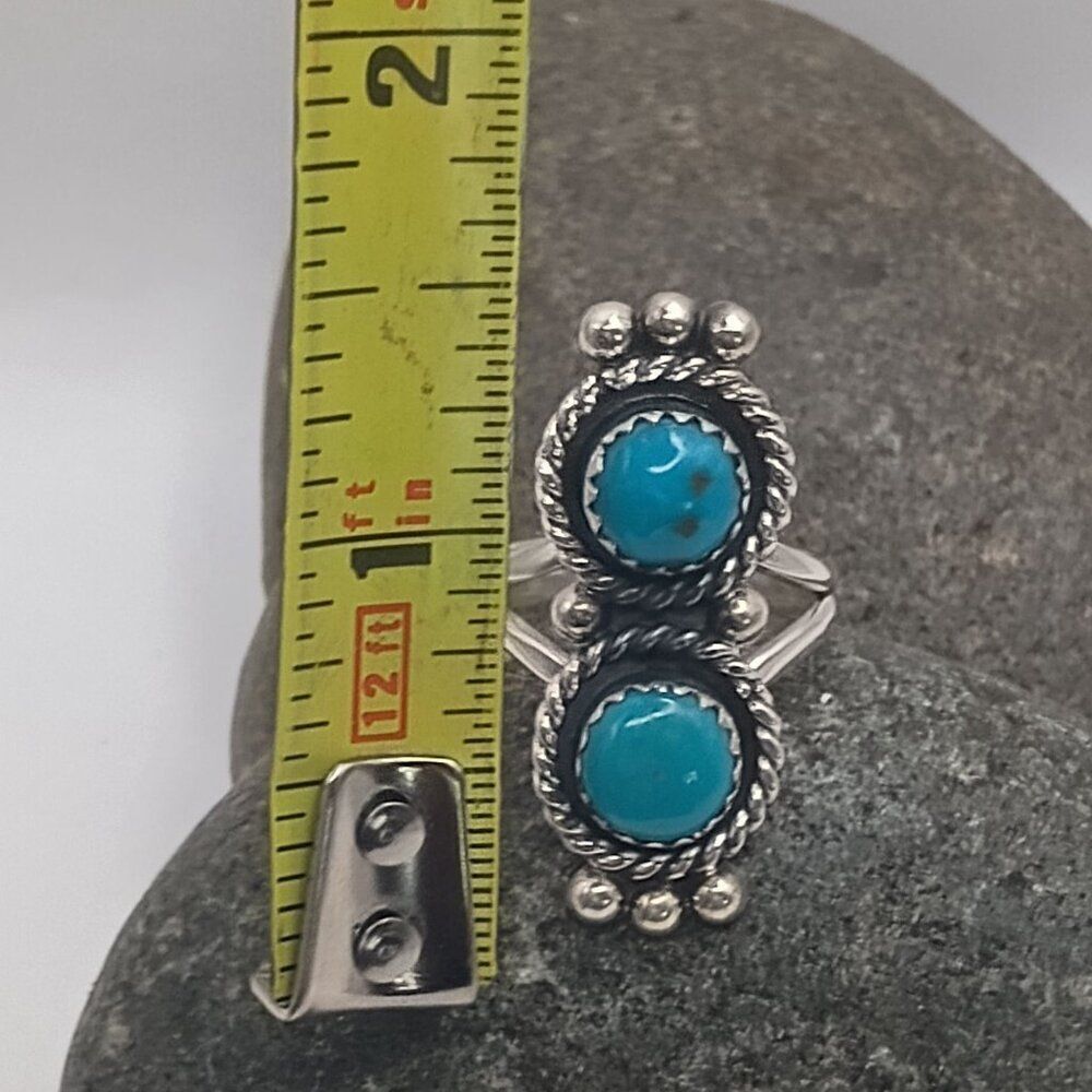 Native Southwest Style Sterling Silver Double Turquoise Stone Ring Size 7 - Picture 3 of 6